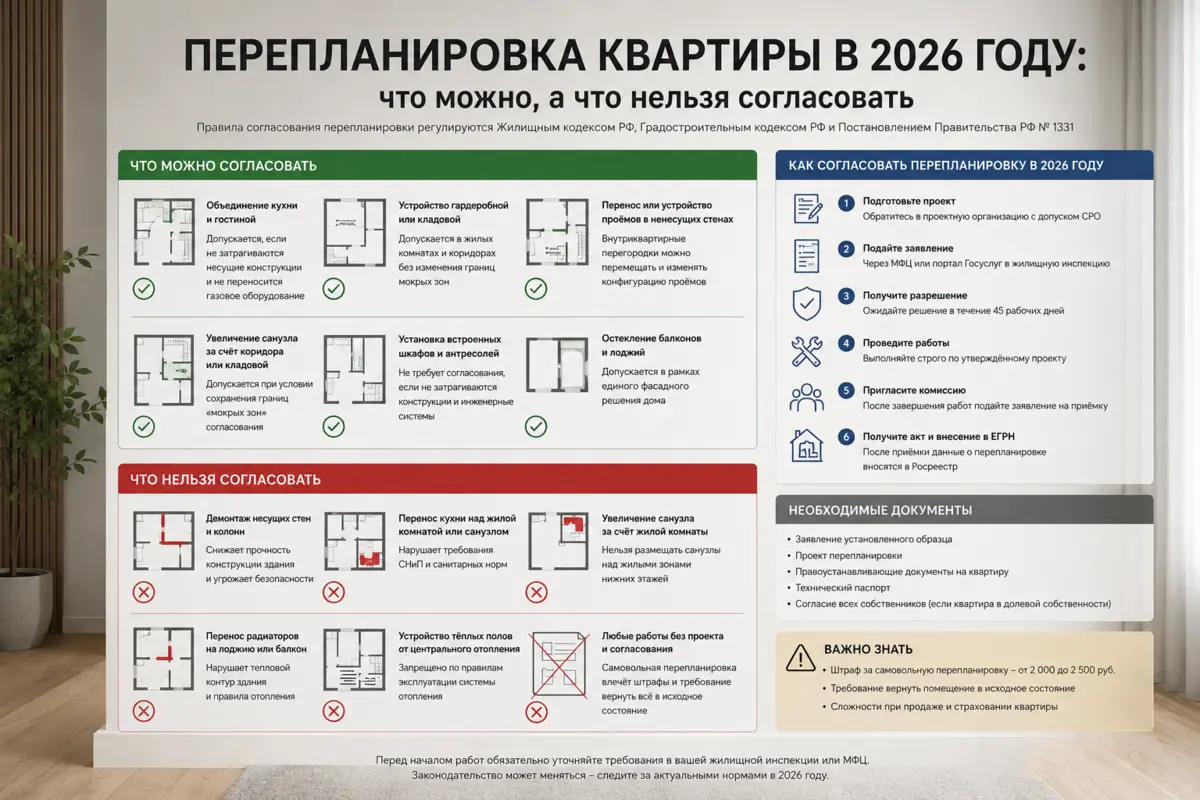 Перепланировка квартиры в 2026 году: что можно, а что нельзя согласовать