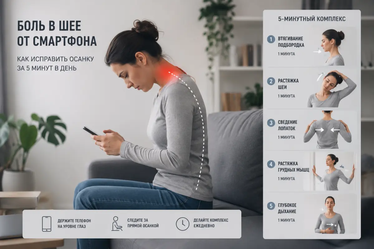 Боль в шее от смартфона: как исправить осанку за 5 минут в день