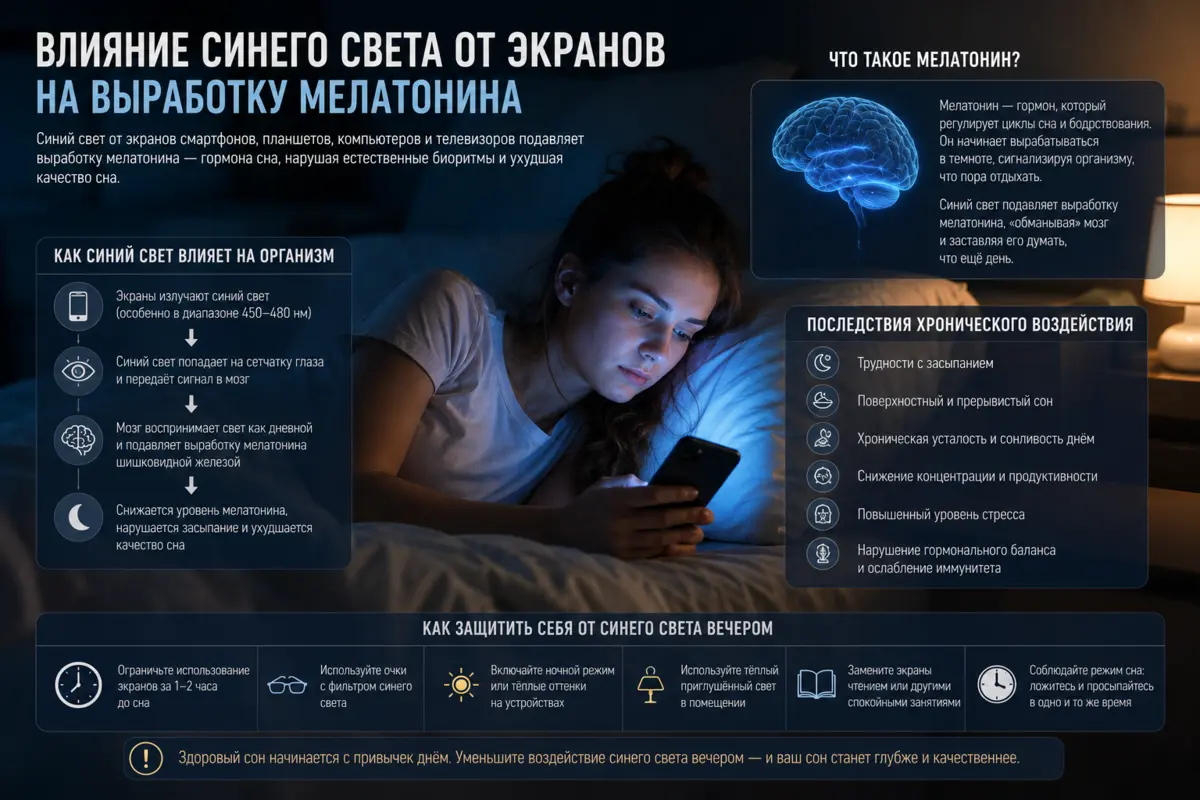 Влияние синего света от экранов на выработку мелатонина