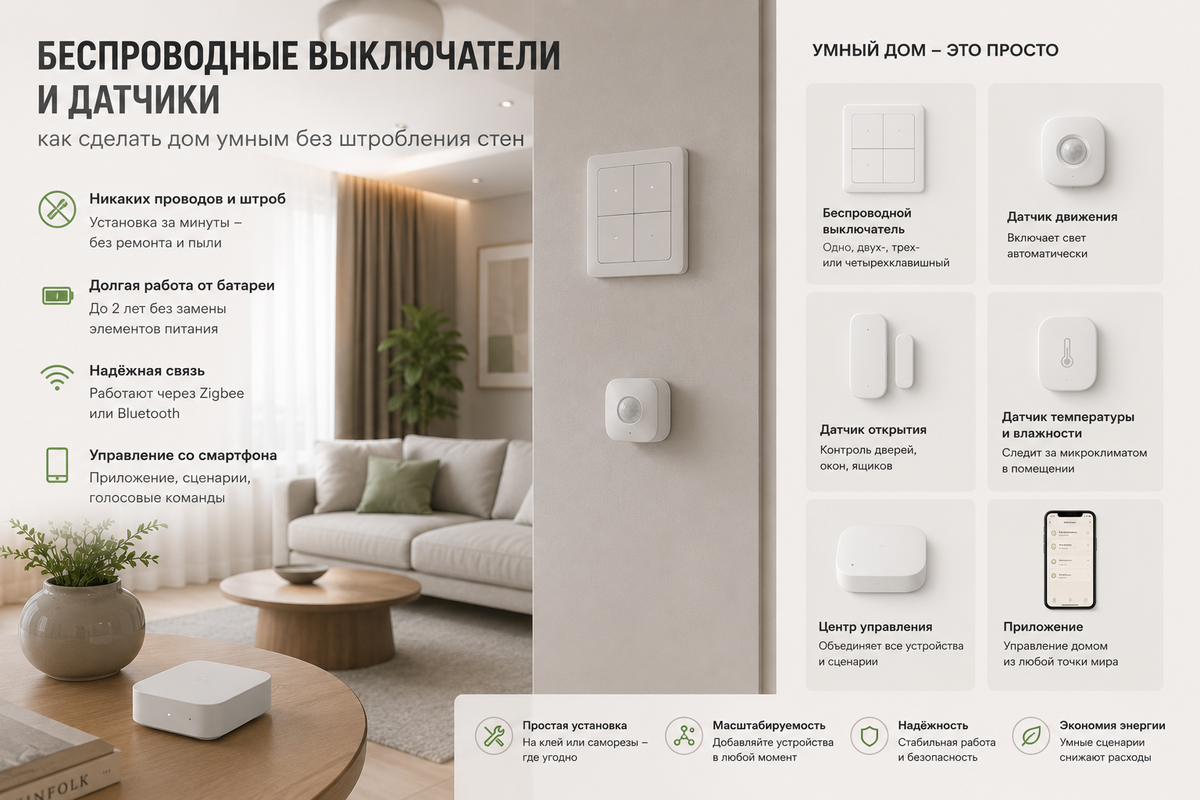 Беспроводные выключатели и датчики: как сделать дом умным без штробления стен