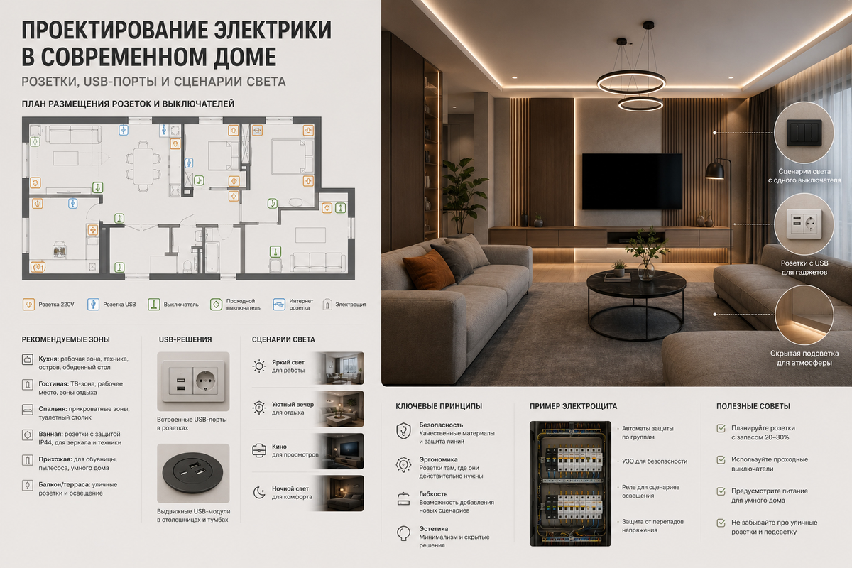 Проектирование электрики в современном доме: розетки, USB-порты и сценарии света