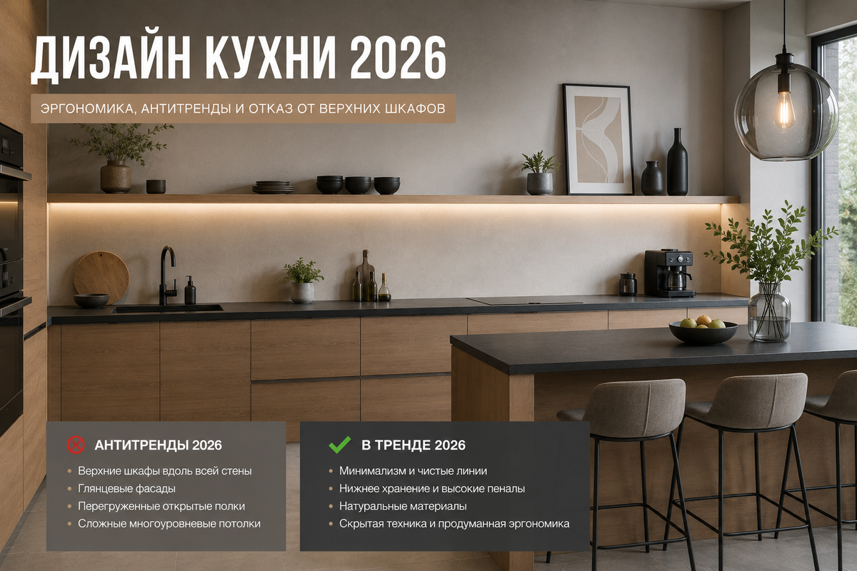 Дизайн кухни 2026: эргономика, антитренды и отказ от верхних шкафов