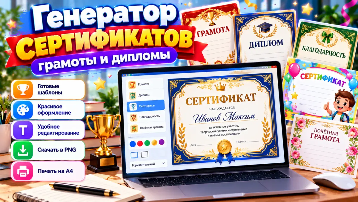 Конструктор грамот и сертификатов с печатью на А4